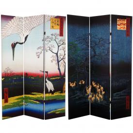 6 ft. Tall Double Sided Hiroshige Room Divider - Cranes/Fox Fire