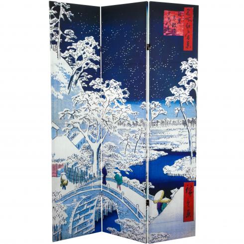 6 ft. Tall Double Sided Hiroshige Room Divider - Drum Bridge/River Bank