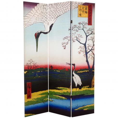 6 ft. Tall Double Sided Hiroshige Room Divider - Cranes/Fox Fire