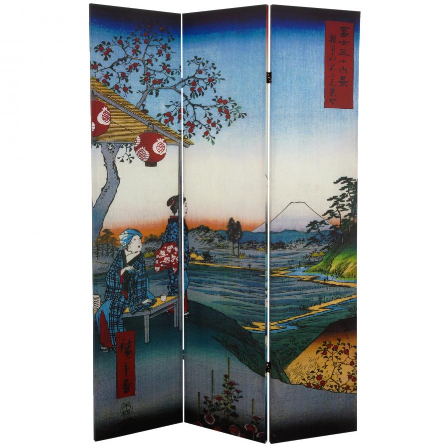 6 ft. Tall Double Sided Hiroshige Room Divider - Sea at Satta/Teahouse