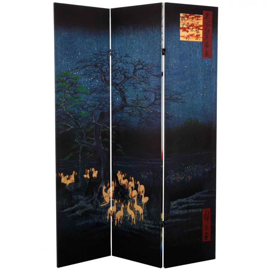 6 ft. Tall Double Sided Hiroshige Room Divider - Cranes/Fox Fire