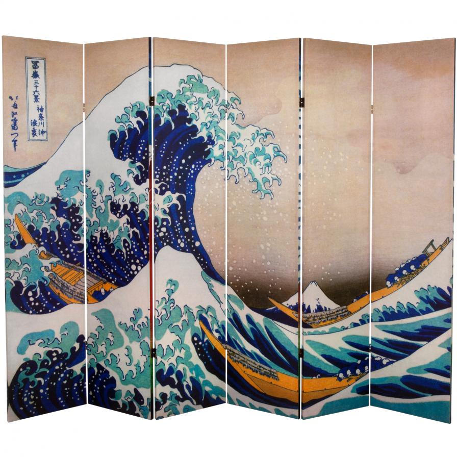 6 ft. Tall Double Sided Hokusai Room Divider - Great Wave/Red Fuji