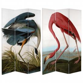 6 ft. Tall Double Sided Audubon Heron & Flamingo Canvas Room Divider