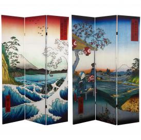 6 ft. Tall Double Sided Hiroshige Room Divider - Sea at Satta/Teahouse