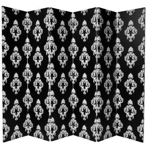 6 ft. Tall Double Sided Black and White Damask Canvas Room Divider