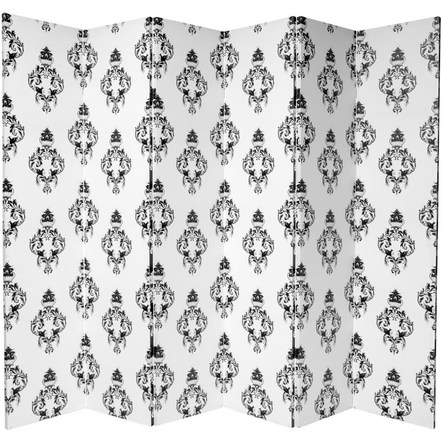 6 ft. Tall Double Sided Black and White Damask Canvas Room Divider