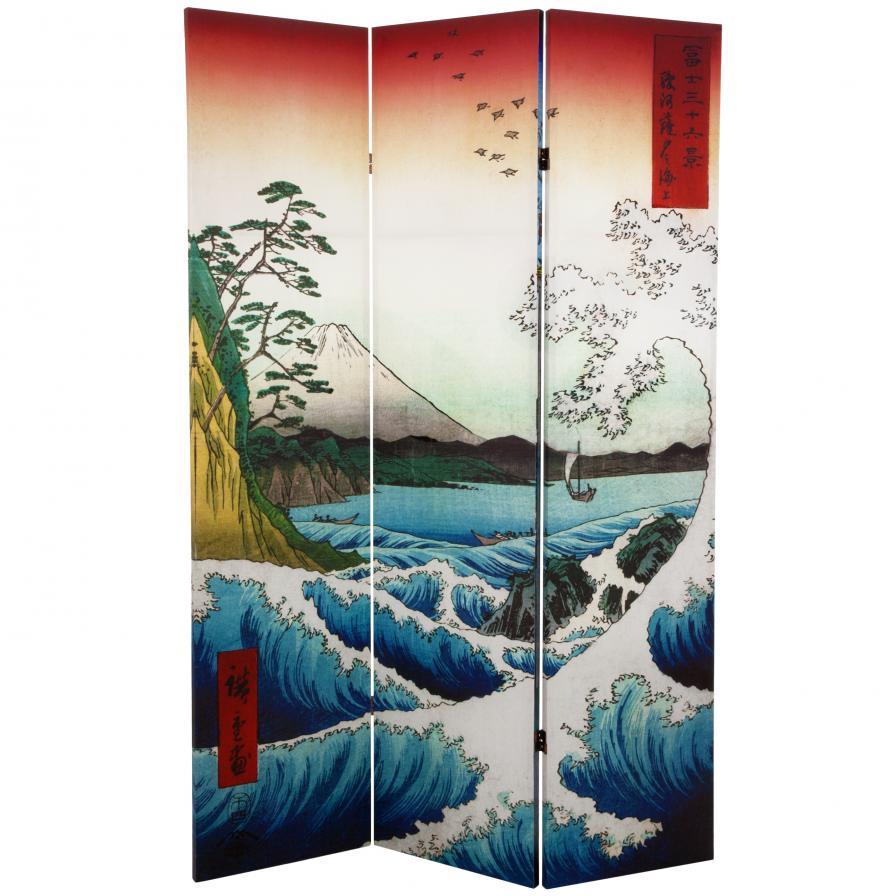 6 ft. Tall Double Sided Hiroshige Room Divider - Sea at Satta/Teahouse