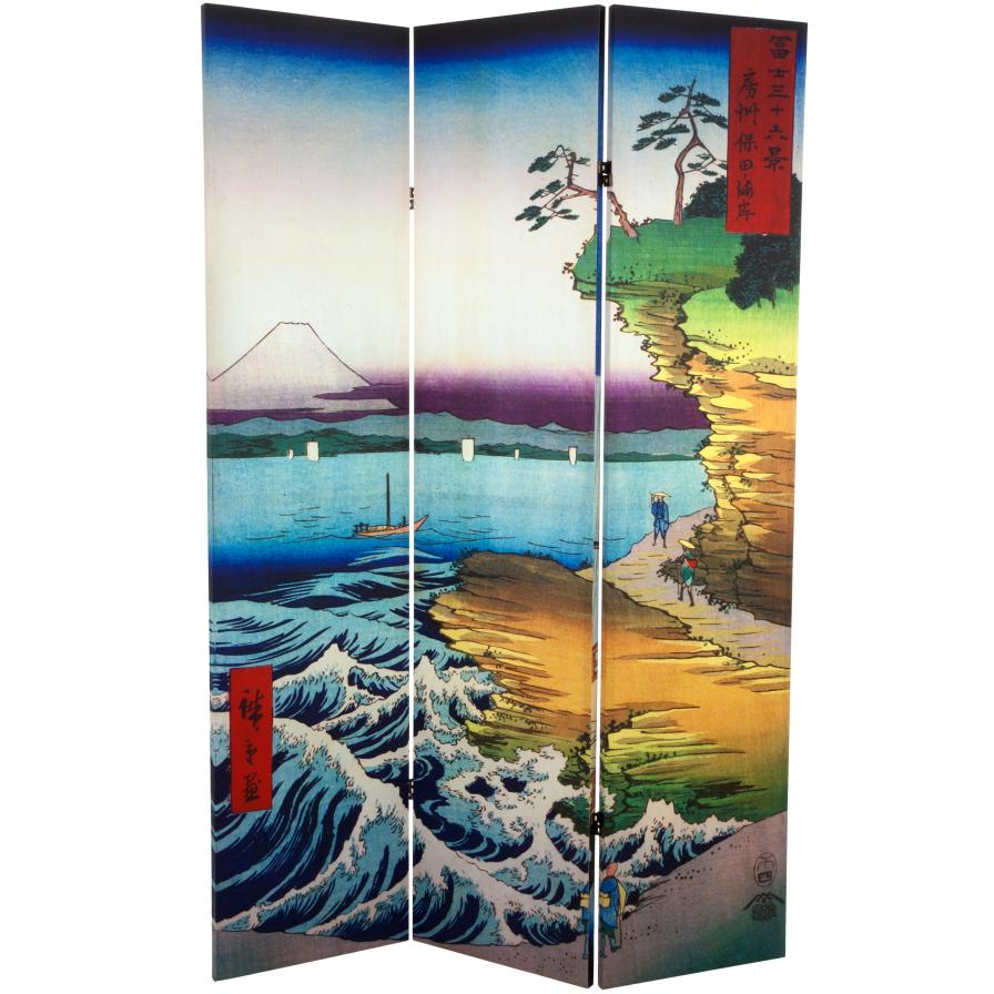 6 ft. Tall Double Sided Hiroshige Room Divider - Sudden Shower/Coast at Hota